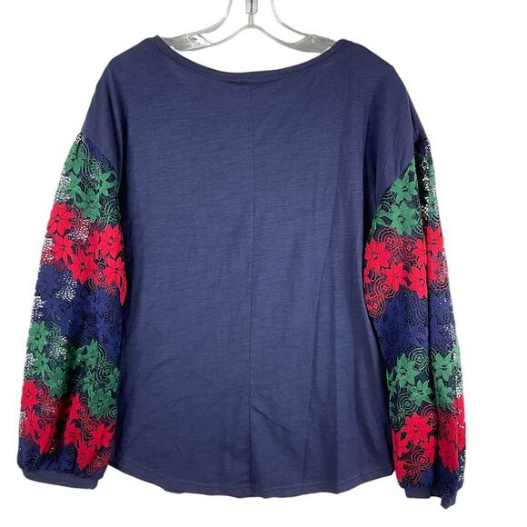 UMGEE Blouse/Shirt/Top Sz Large Navy Blue Floral Lace Balloon Sleeves Red Green - Picture 2 of 8